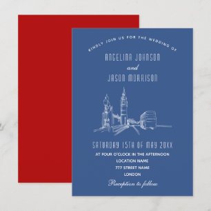 London Skyline Blau Rote Hochzeits-Einladung Einladung