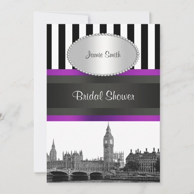 London Skyline BW Blk Wht Strp Lila Bridal Shwr Einladung (Vorderseite)