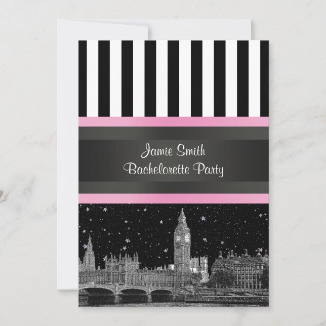 London Skyline BW Blk Wht Strp Pink Bachelorette Einladung (Vorderseite)