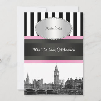 London Skyline BW Blk Wht Strp Pink Birthday Pty Einladung