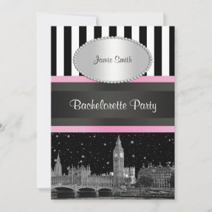 London Skyline BW Blk Wht Strp Pink Junggesellinne Einladung