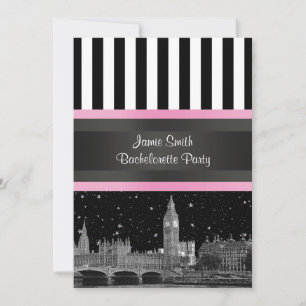 London Skyline BW Blk Wht Strp Pink Junggesellinne Einladung