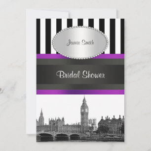 London Skyline BW Blk Wht Strp Purple Brautschleie Einladung