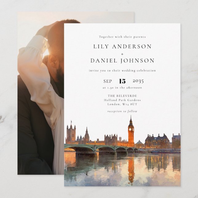 London Skyline Destination Photo Wedding Einladung (Vorne/Hinten)
