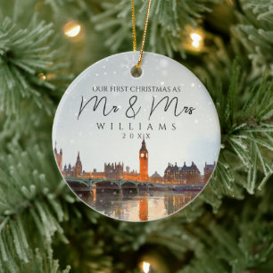 London Skyline Erstes Weihnachten als Mr & Mrs Fot Keramik Ornament