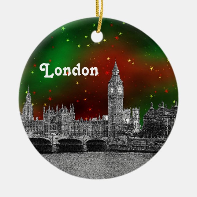 London Skyline Etched, Green Red Starry Sky Xmas Keramik Ornament (Vorne)