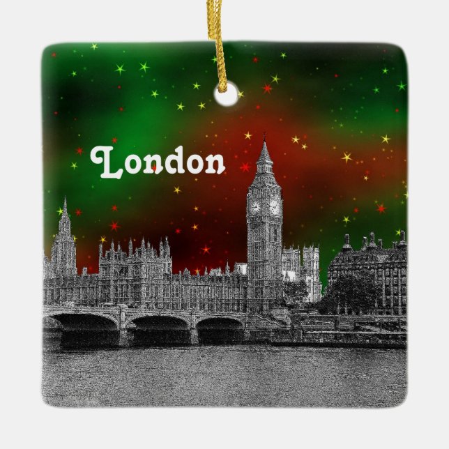 London Skyline Etched, Green Red Starry Sky Xmas Keramikornament (Vorderseite)