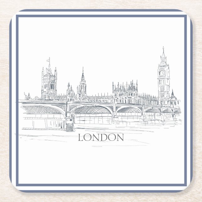 London Skyline mit Big Ben Blue Ink Sketch Rechteckiger Pappuntersetzer (Vorderseite)