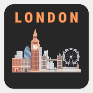 London Skyline Quadratischer Aufkleber in Schwarz