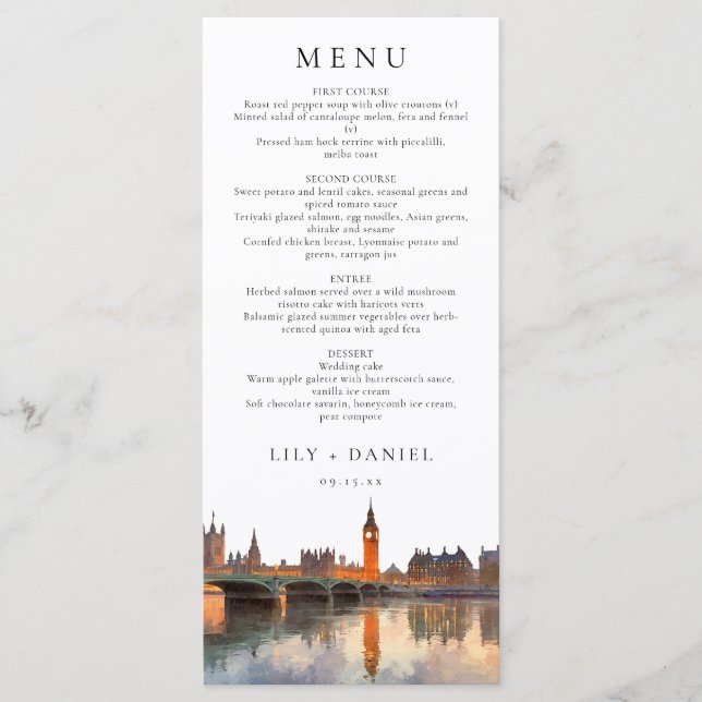 London Skyline Watercolor Elegant Wedding Menükarte (Vorderseite)