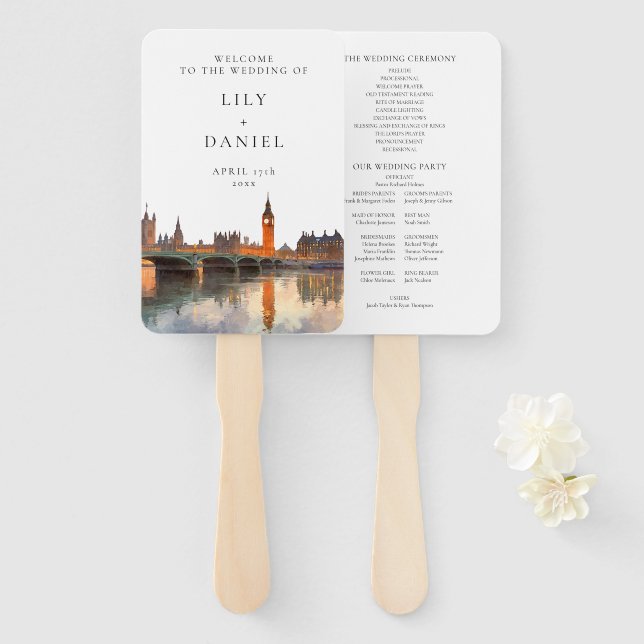 London Skyline Watercolor Wedding Program Fächer (Vorne und Hinten)