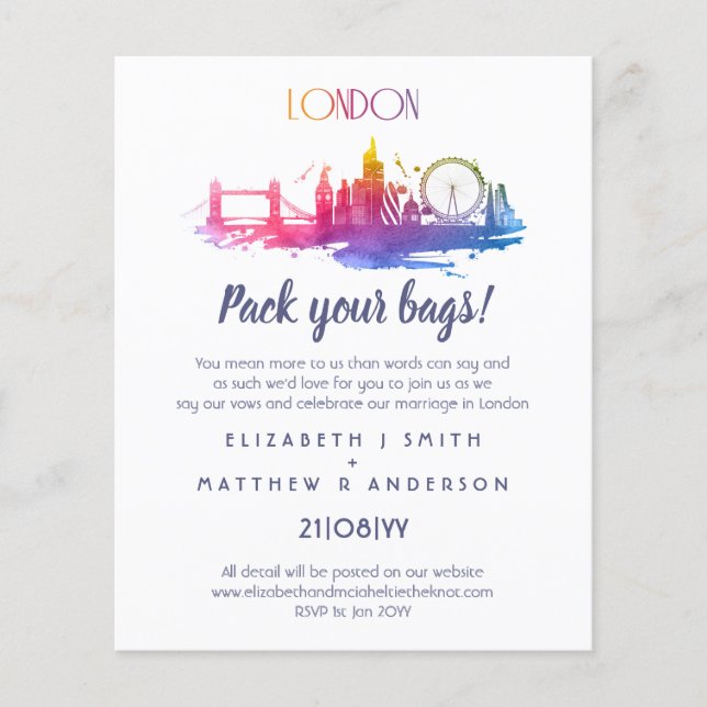LONDON Skyline Wedding Handvoll Budget Einladungen (Vorderseite)