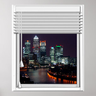 London-Stadt-Ansicht-Fake-Fenster mit Vorhängen Poster