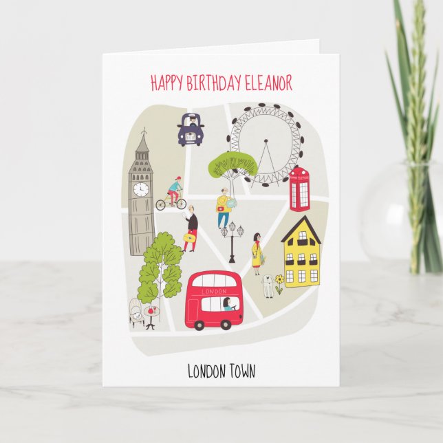 London Stylized Map Cartoon Happy Birthday Name Karte (Vorderseite)