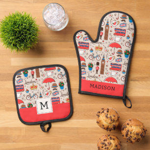 London Symbole Muster Ofenhandschuh & Topflappen-Set