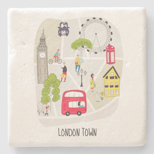 London Town Styliated Map Cartoon Sehenswürdigkeit Steinuntersetzer (Vorderseite)