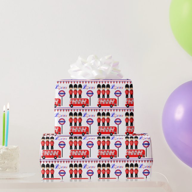 London UK Queens Guard Red Bus Niedliches Muster Geschenkpapier (Partygeschenke)