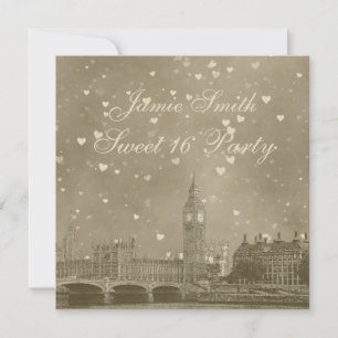 London UK Skyline Dist Gray White Heart Sweet 16 Einladung