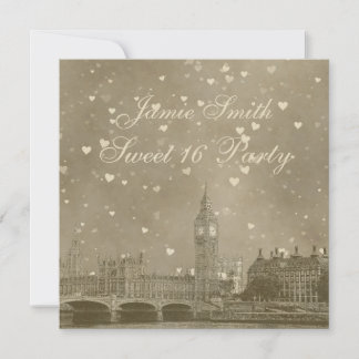 London UK Skyline Dist Gray White Heart Sweet 16 Einladung