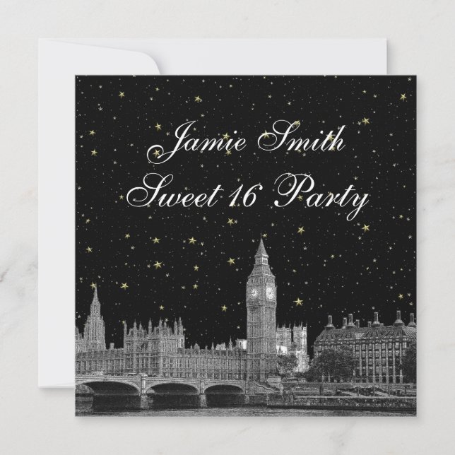 London UK Skyline Etched Starry DIY BG Sweet 16 Einladung (Vorderseite)