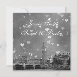 London UK Skyline Grau Weiß Herz Sweet 16 Einladung