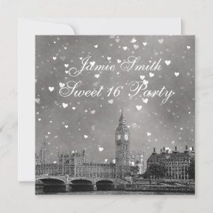 London UK Skyline Grau Weiß Herz Sweet 16 Einladung