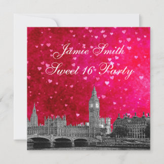 London UK Skyline Hot Pink Red Heart Sweet 16 Einladung