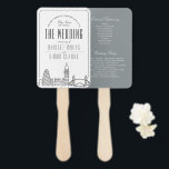 London Wedding | Hochzeitsprogramm Hand Fan Fächer<br><div class="desc">Ein einzigartiges skyline-thematisches Deko-Set von Handfans/Hochzeitsfeiern, das speziell auf Ihre zukünftige Hochzeit in der wunderschönen Stadt London zugeschnitten ist. Auf der Vorderseite des Hauses werden Sie mit einem Gruß begrüßt und auf der Rückseite finden Sie Ihre einzigartigen Hochzeitsdetails. Auf der Rückseite finden Sie eine wunderbar weiche Schattierung von Nickelgrau mit...</div>