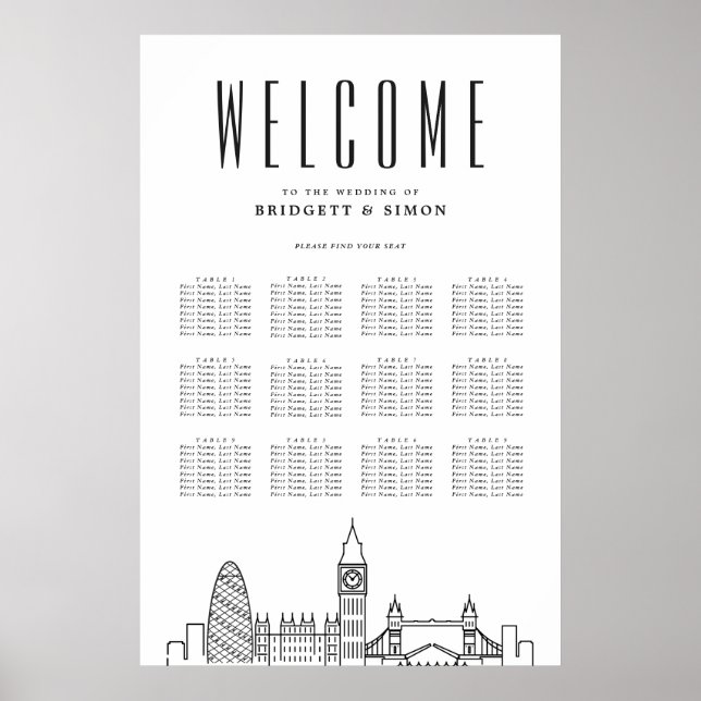 London Wedding | Sehenswürdigkeiten 12 Tabelle Sit Poster (Vorne)