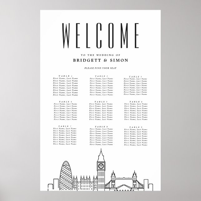 London Wedding | Sehenswürdigkeiten 9 Tabelle Seek Poster (Vorne)