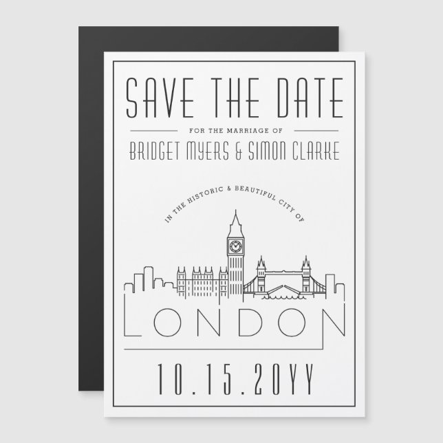 London Wedding | Stilisierte Skyline Save the Date Magneteinladung (Vorne/Hinten)