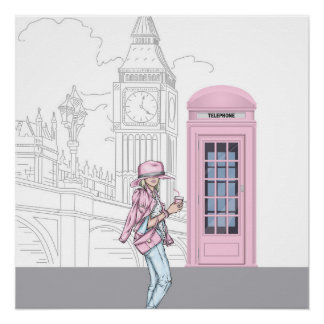 Londoner City Girl mit rosa Phone Box Poster