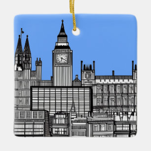 Londoner Stadtbild in Schwarz und Weiß mit blauem  Keramikornament
