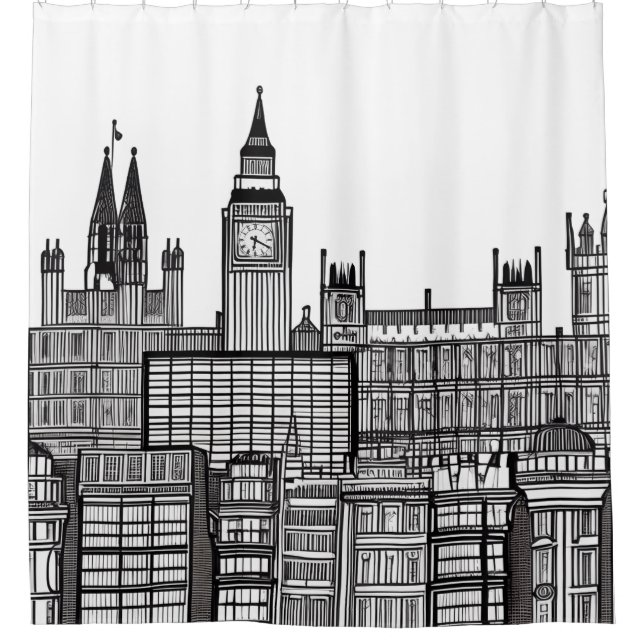 Londoner Stadtbild in Schwarz/Weiß Duschvorhang (Vorderseite)