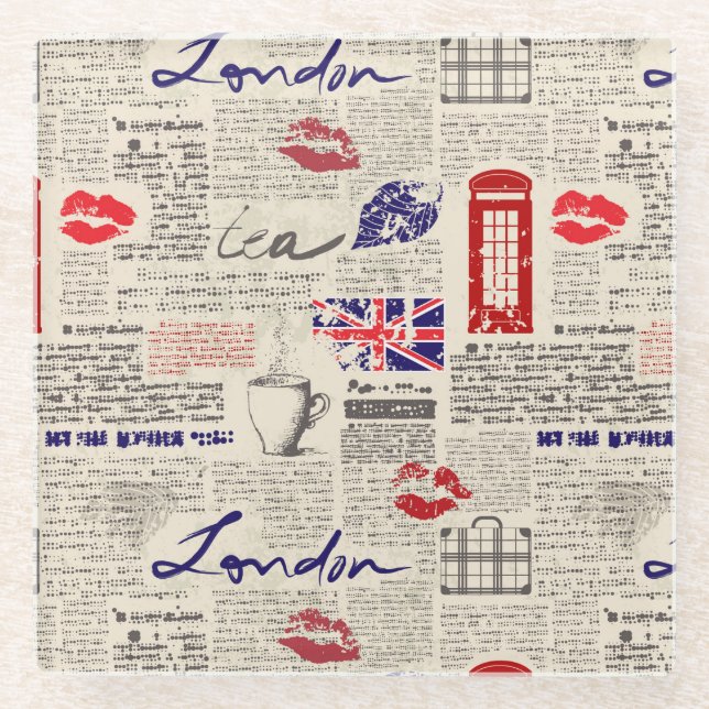 Londoner Zeitungsmuster Glasuntersetzer (Vorderseite)