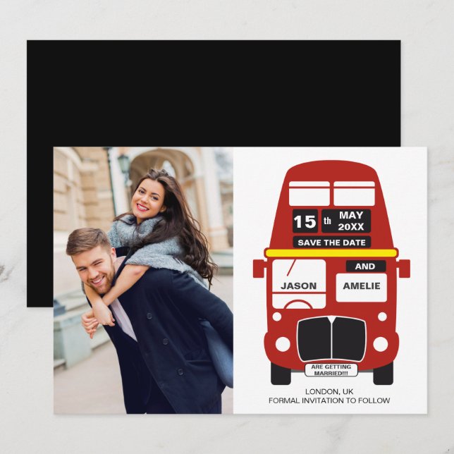 Londres Bus Enregistrer la carte Date Photo Black (Devant / Derrière)