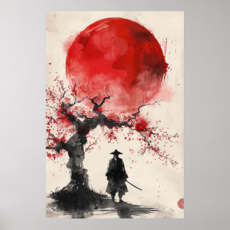 Lone Samurai – Rote Sonne Japanische Tuschkunst Poster