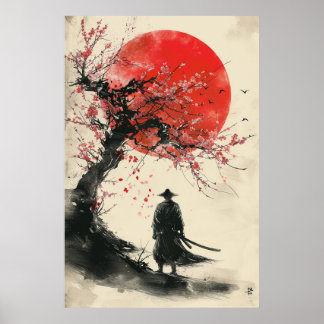 Lone Samurai – Rote Sonne Japanische Tuschmalerei Poster