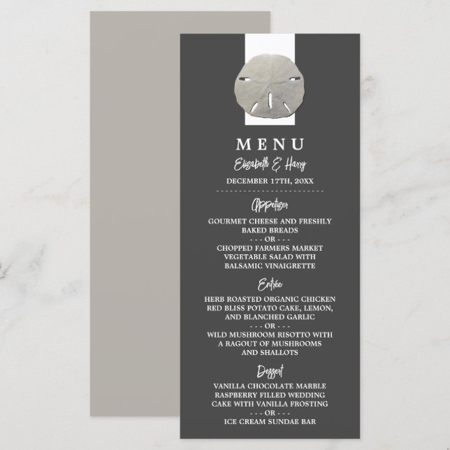 Lone Sand Dollar - Charcoal Gray - Beach Wedding Menükarte (Vorne/Hinten)