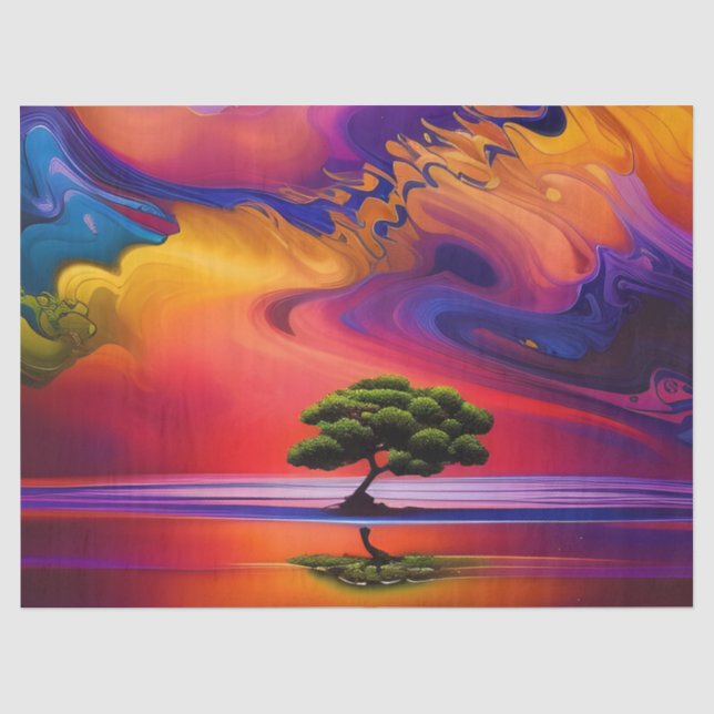 Lone Tree in Wasser farbenfroher Himmel Personalis Seidenpapier (Vorderseite)