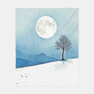 Lone Tree: Serene Full Moon Silence Art Fleecedecke