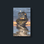 Lone Walker Surreal Floating Ruin Moon Leinwanddruck<br><div class="desc">A solitary figure in a dark suit strides along a narrow path of cracked earth toward a decaying multi-story building that impossibly crowns a jagged floating island. Warm golden light spills from broken windows and an occupied balcony, while wildflowers, overgrown weeds, and bare twisted trees cling to the rocky edges....</div>