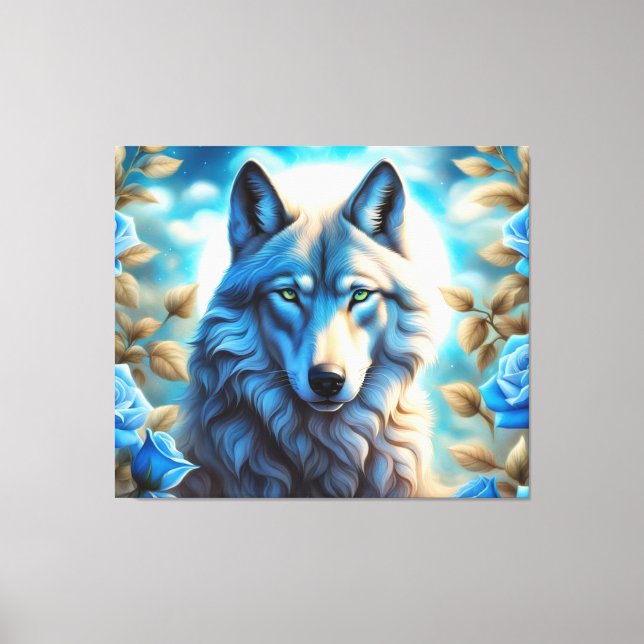 Lone Wolf im Garten der verzauberten blauen Rose Leinwanddruck (Vorderseite)