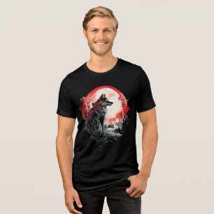 Lone Wolf Under Moon – Red Forest Art Tri-Blend Shirt
