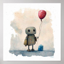 "Lonely Robot with Balloon" - Aquarellmalerei