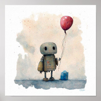 "Lonely Robot with Balloon" - Aquarellmalerei Poster