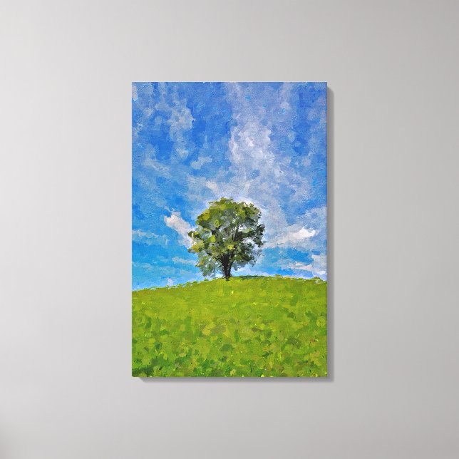 Lonely Tree - Serene Grassy Field Leinwanddruck (Vorderseite)
