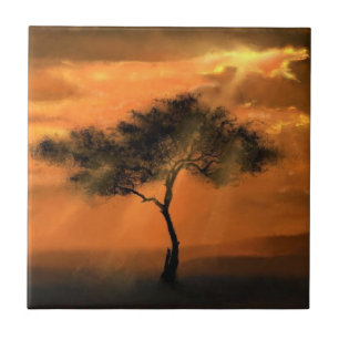 Lonely Tree Sunbeams Ceramic Tile Painting Fliese