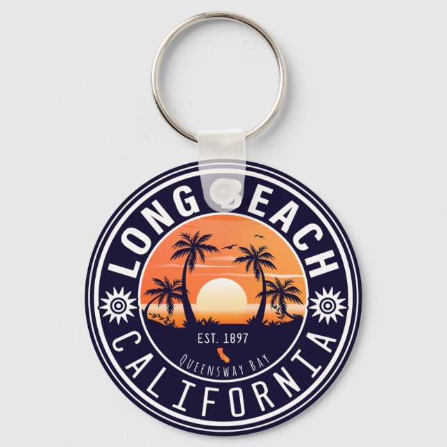 Long Beach Ca Palm Tree Retro Sunset Souvenir 60er Schlüsselanhänger (Vorderseite)