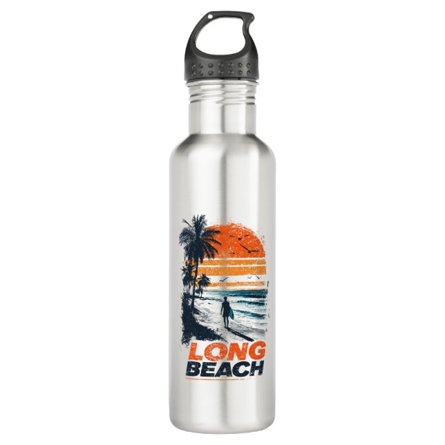 Long Beach California Retro Sunset Palm Tree Beach Edelstahlflasche (Vorderseite)